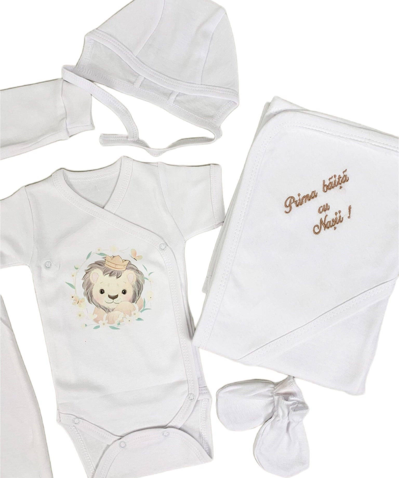 Set de baie pentru bebelusi cu 5 piese, personalizat cu mesaj - “Prima baita cu nașii” - Leu - Botez bebelusi