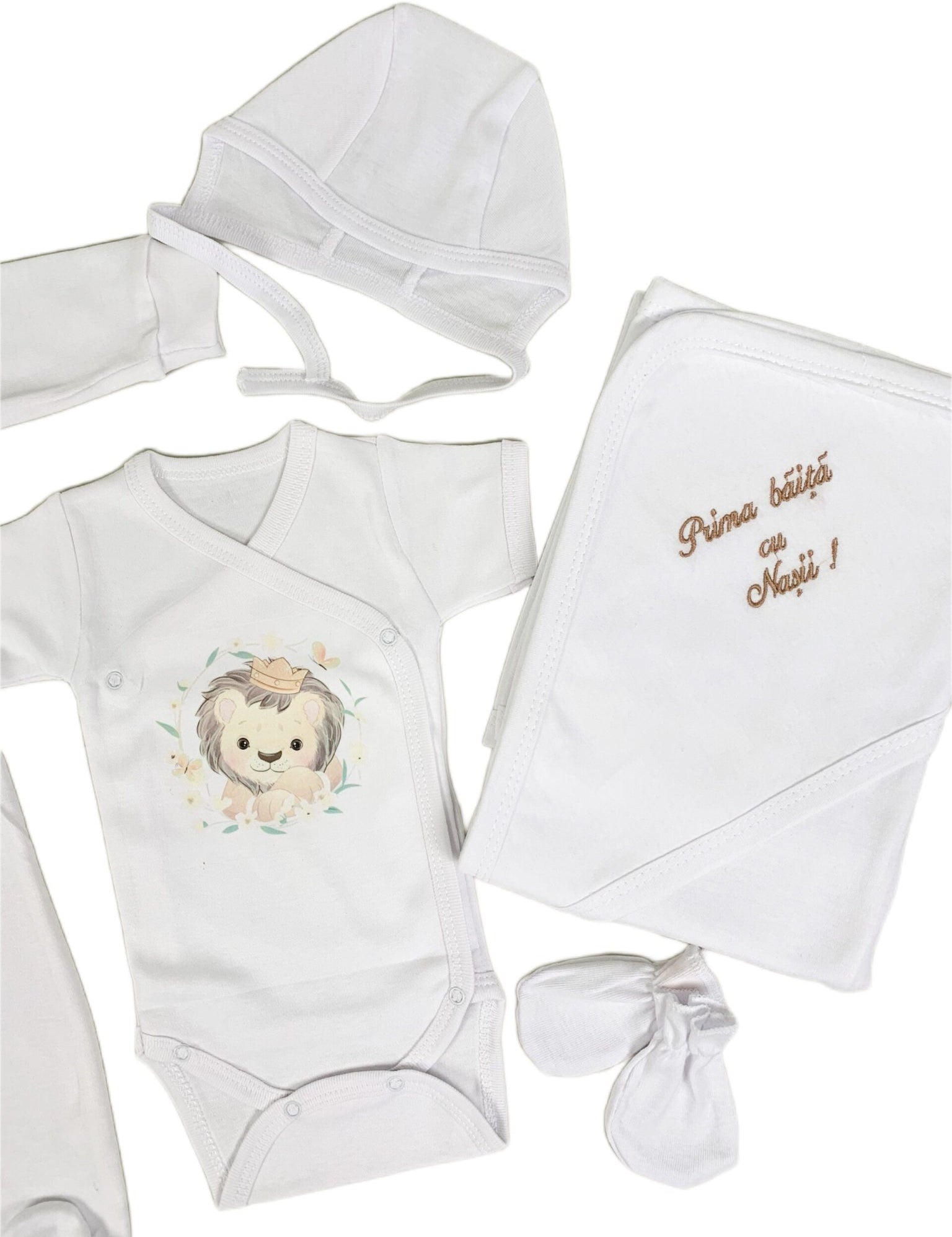 Set de baie pentru bebelusi cu 5 piese, personalizat cu mesaj - “Prima baita cu nașii” - Leu - Botez bebelusi