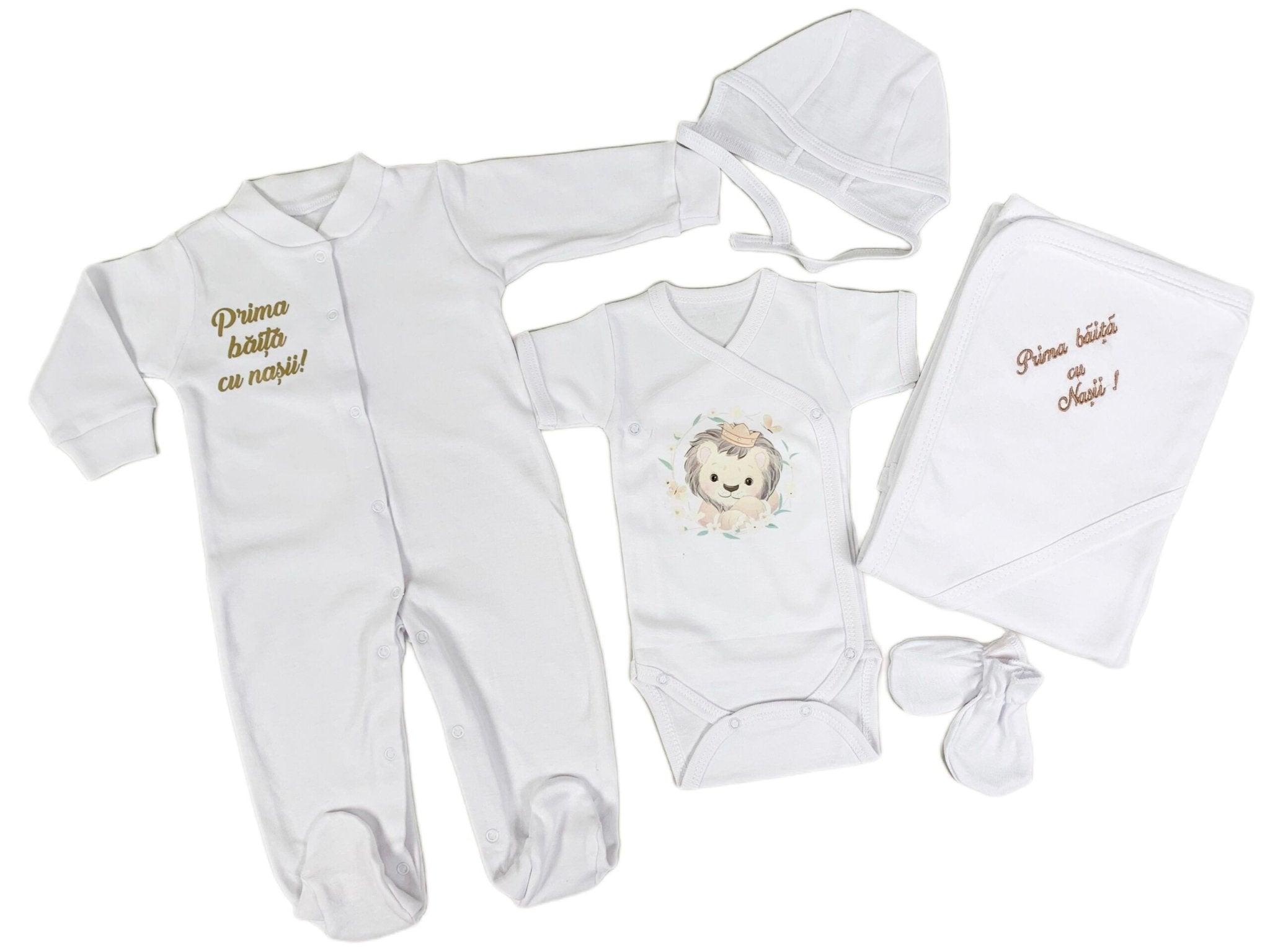 Set de baie pentru bebelusi cu 5 piese, personalizat cu mesaj - “Prima baita cu nașii” - Leu - Botez bebelusi