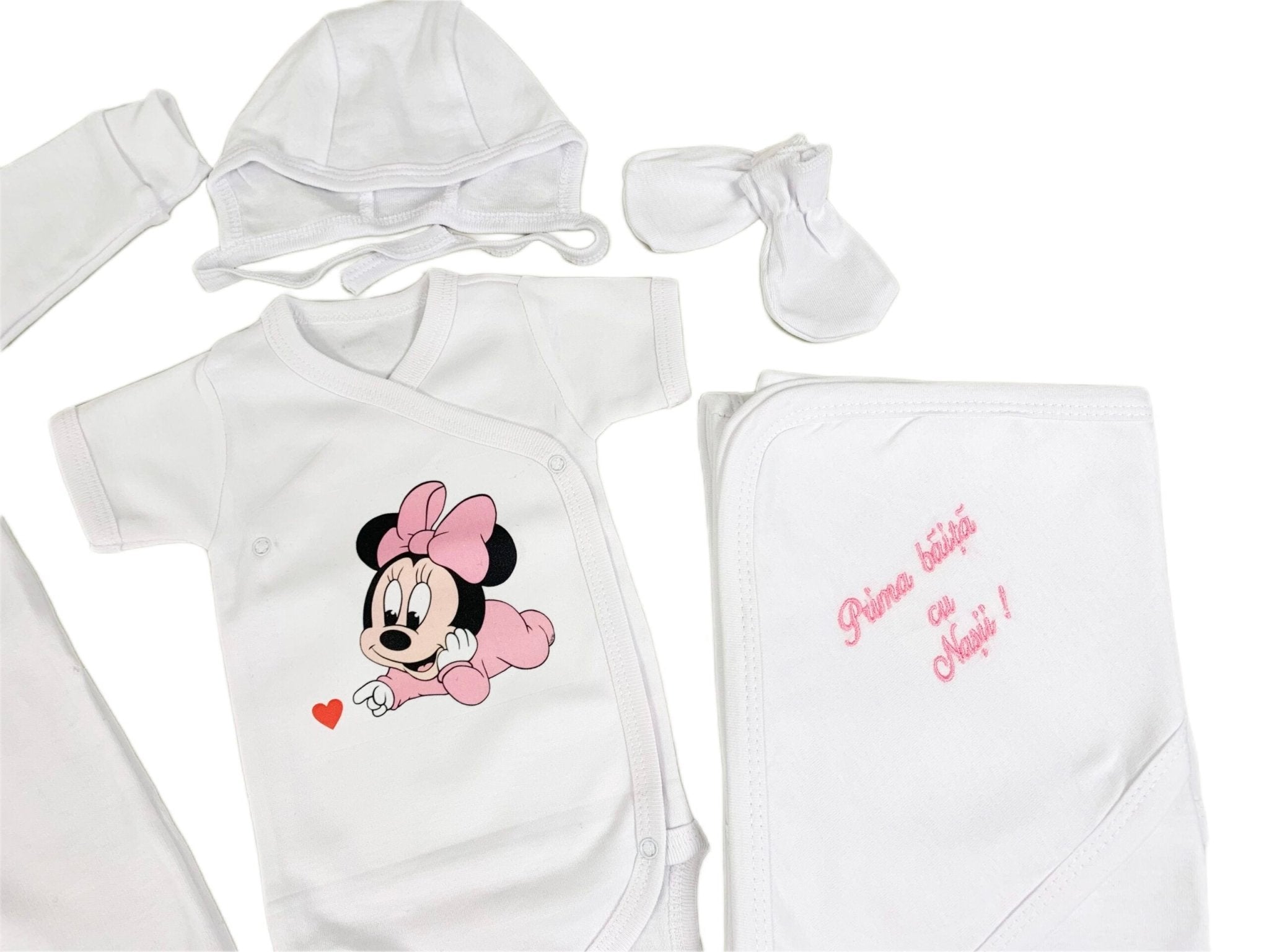 Set de baie pentru bebelusi cu 5 piese, personalizat cu mesaj ,,Prima baita cu nașii” - Minne roz - Botez bebelusi