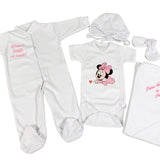 Set de baie pentru bebelusi cu 5 piese, personalizat cu mesaj ,,Prima baita cu nașii” - Minne roz - Botez bebelusi