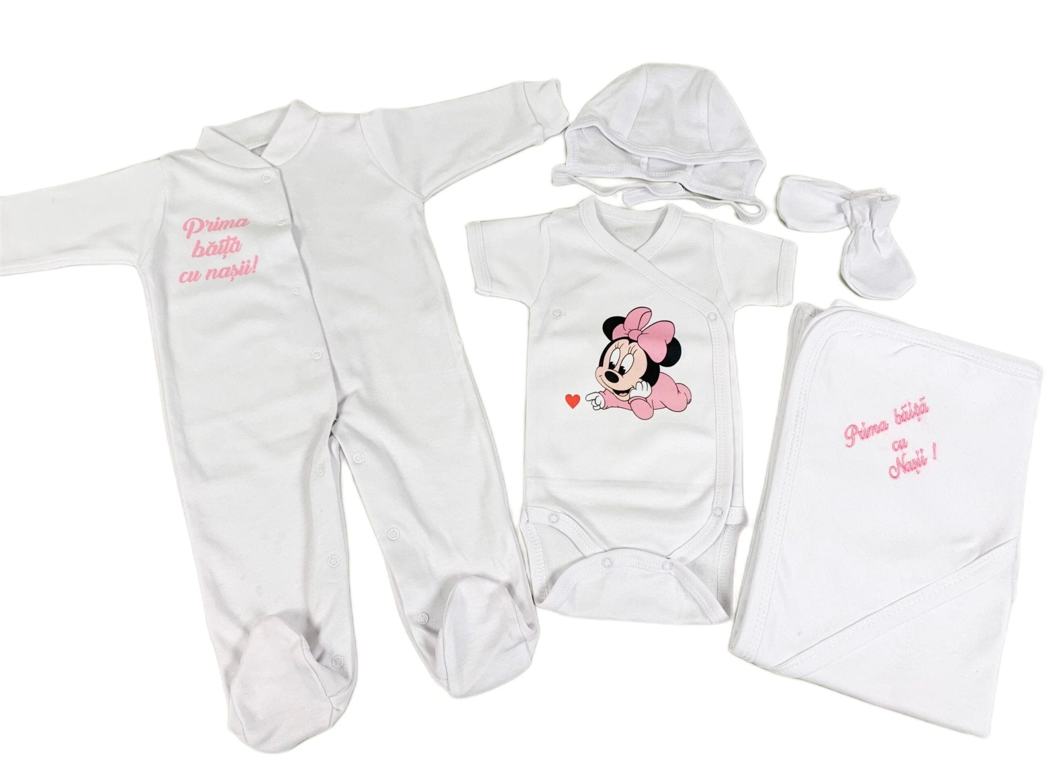 Set de baie pentru bebelusi cu 5 piese, personalizat cu mesaj ,,Prima baita cu nașii” - Minne roz - Botez bebelusi