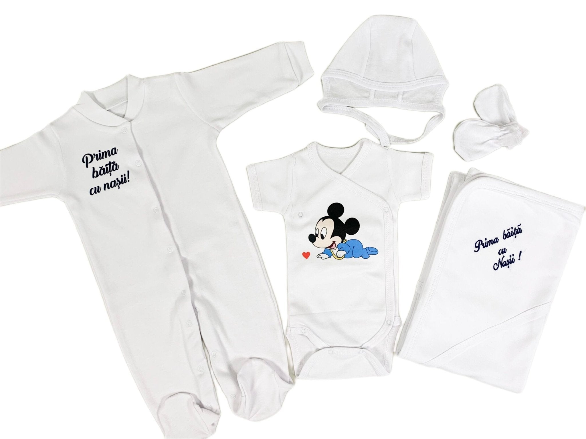 Set de baie pentru bebelusi cu 5 piese, - ”Prima baita cu nașii”, personalizat cu Mickey Mouse - Botez bebelusi