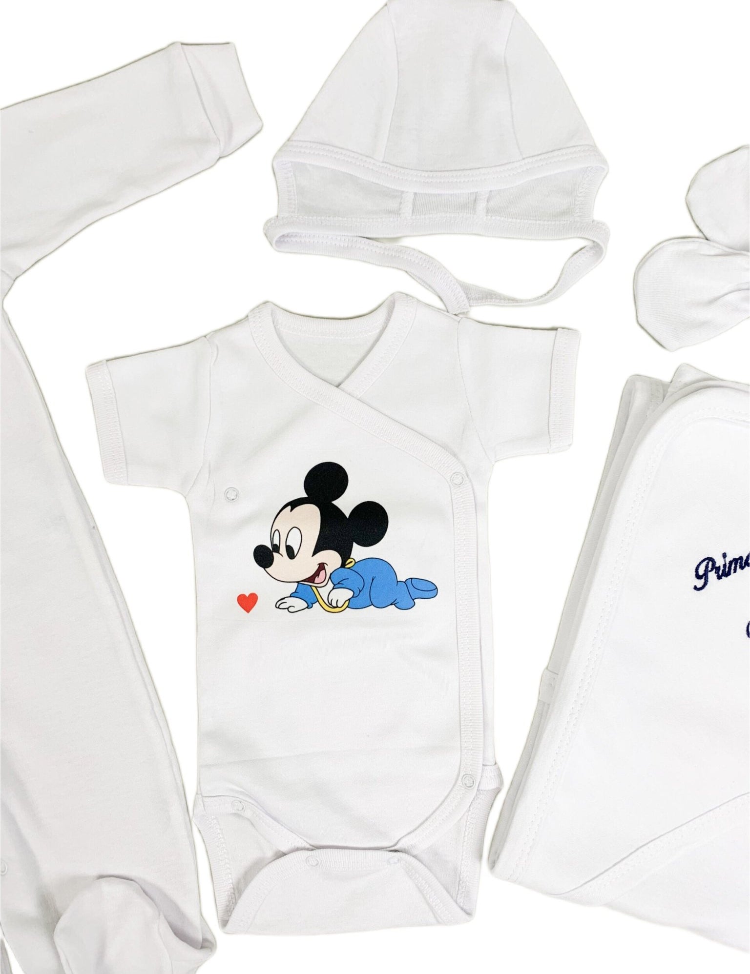 Set de baie pentru bebelusi cu 5 piese, - ”Prima baita cu nașii”, personalizat cu Mickey Mouse - Botez bebelusi