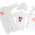 Set de baie pentru bebelusi cu 5 piese,personalizat cu mesaj - “Prima baita cu nașii” - Minnie Mouse, rosu - Botez bebelusi