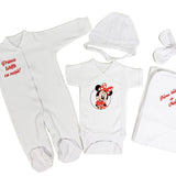 Set de baie pentru bebelusi cu 5 piese,personalizat cu mesaj - “Prima baita cu nașii” - Minnie Mouse, rosu - Botez bebelusi