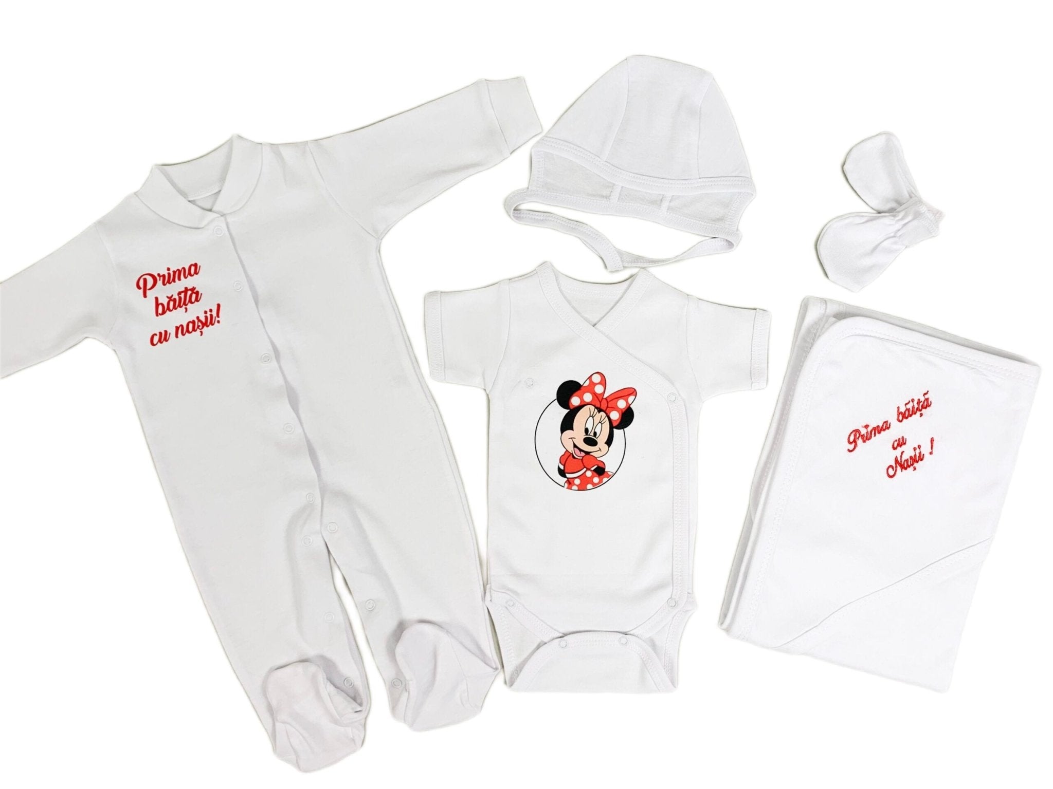 Set de baie pentru bebelusi cu 5 piese,personalizat cu mesaj - “Prima baita cu nașii” - Minnie Mouse, rosu - Botez bebelusi