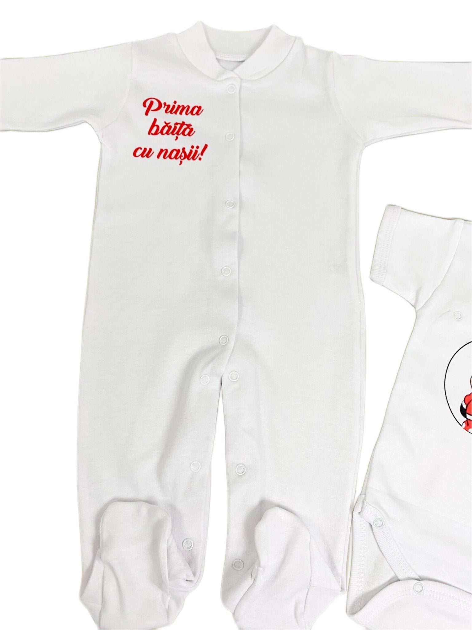 Set de baie pentru bebelusi cu 5 piese,personalizat cu mesaj - “Prima baita cu nașii” - Minnie Mouse, rosu - Botez bebelusi