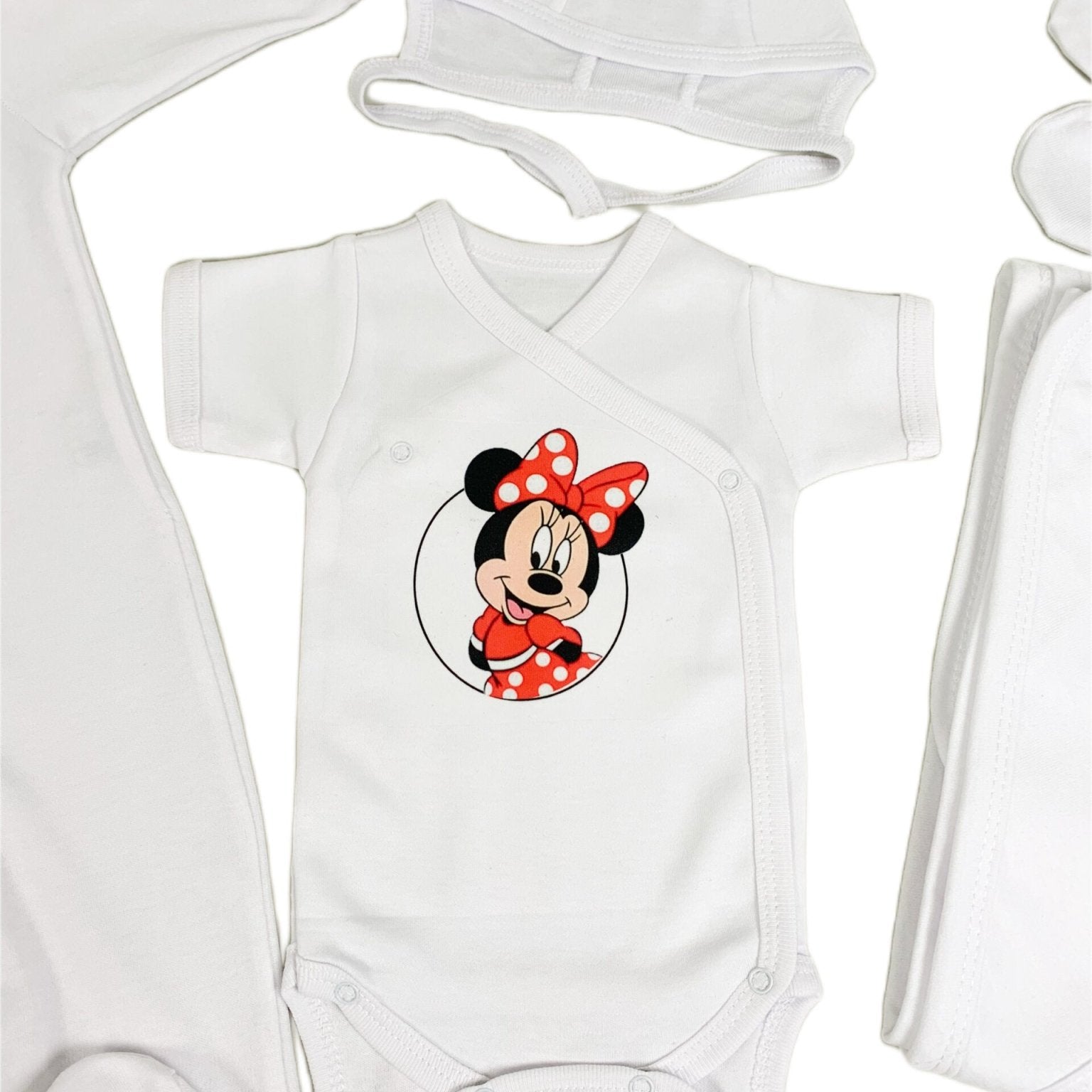 Set de baie pentru bebelusi cu 5 piese,personalizat cu mesaj - “Prima baita cu nașii” - Minnie Mouse, rosu - Botez bebelusi