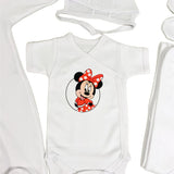 Set de baie pentru bebelusi cu 5 piese,personalizat cu mesaj - “Prima baita cu nașii” - Minnie Mouse, rosu - Botez bebelusi