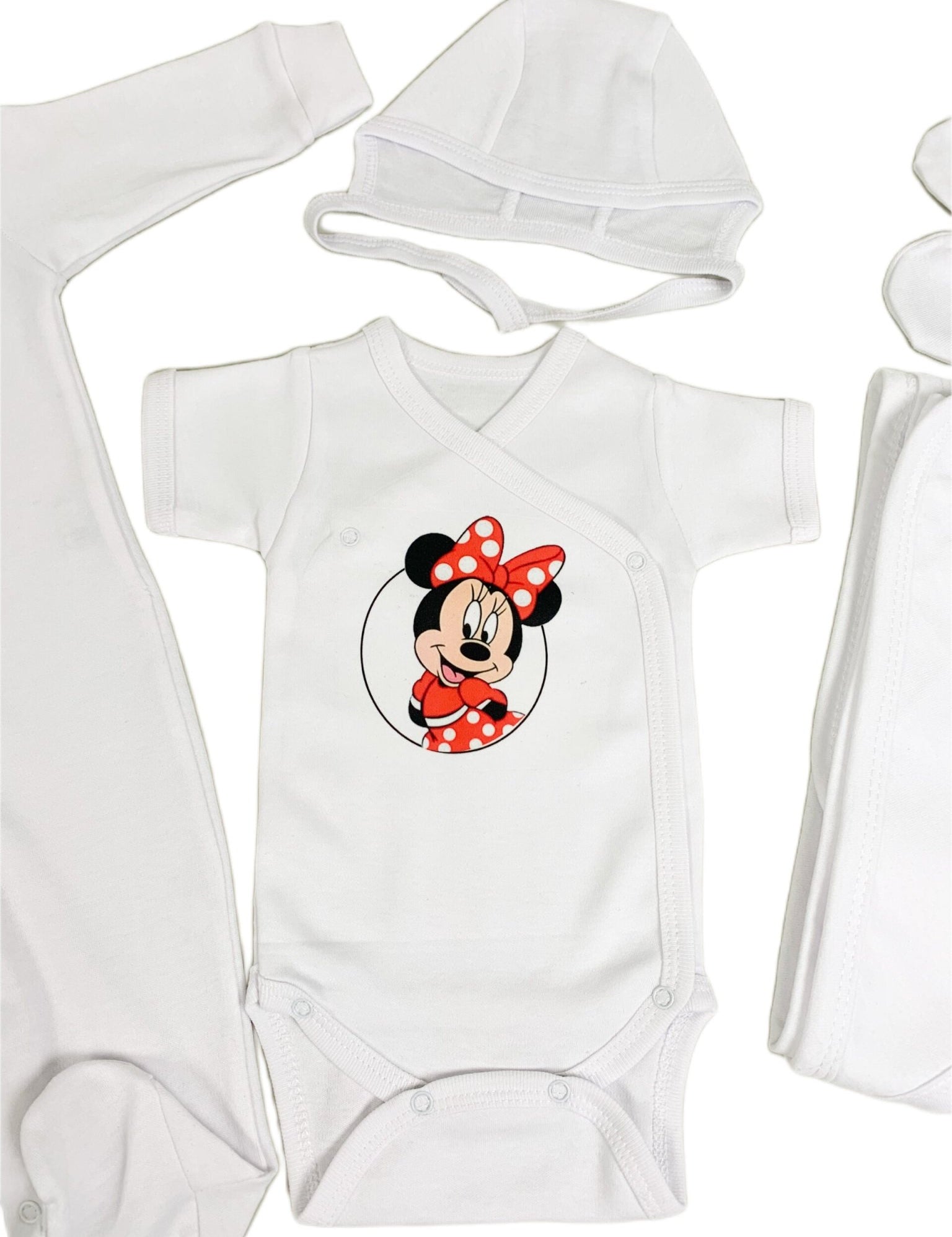 Set de baie pentru bebelusi cu 5 piese,personalizat cu mesaj - “Prima baita cu nașii” - Minnie Mouse, rosu - Botez bebelusi