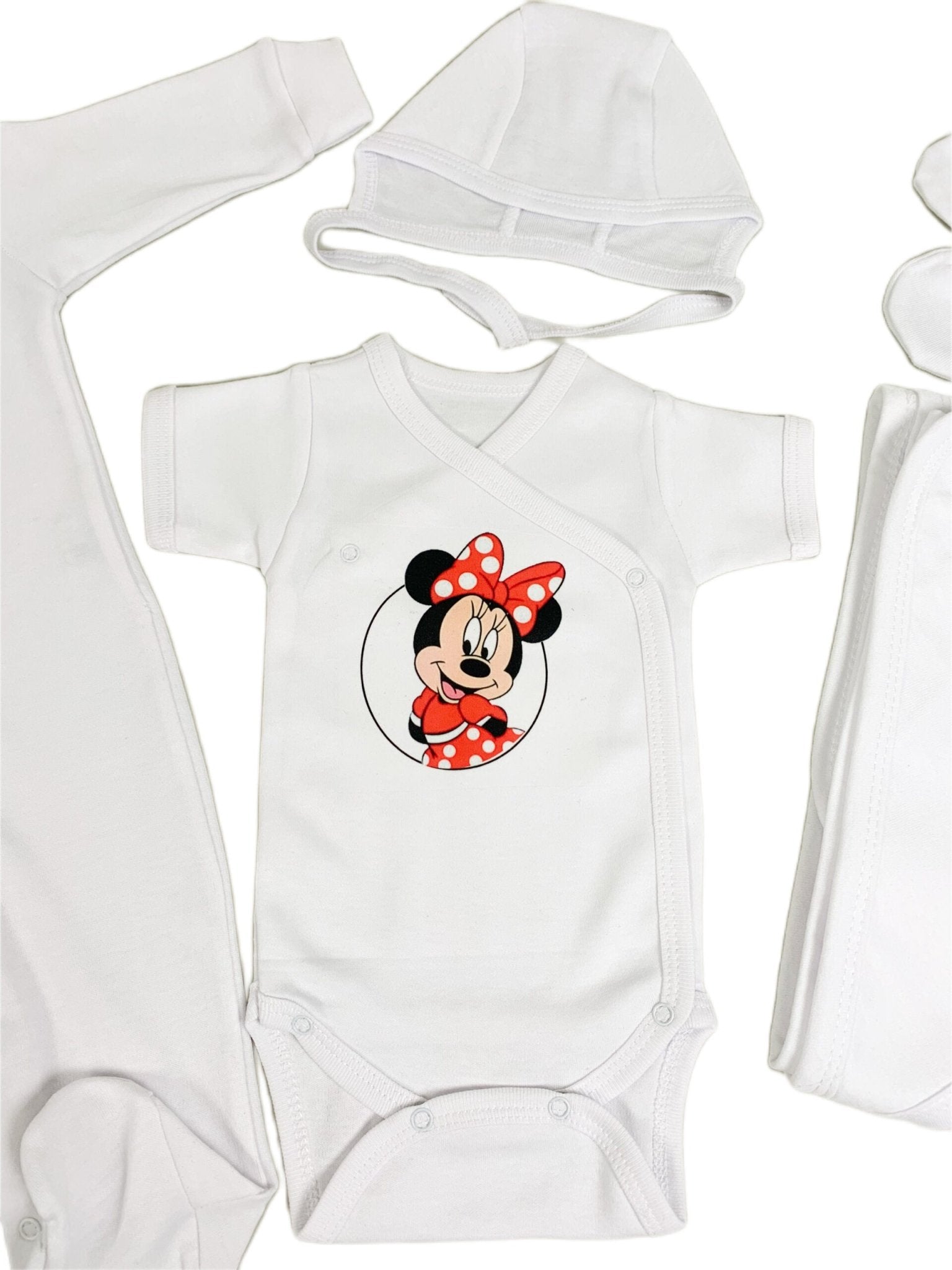 Set de baie pentru bebelusi cu 5 piese,personalizat cu mesaj - “Prima baita cu nașii” - Minnie Mouse, rosu - Botez bebelusi