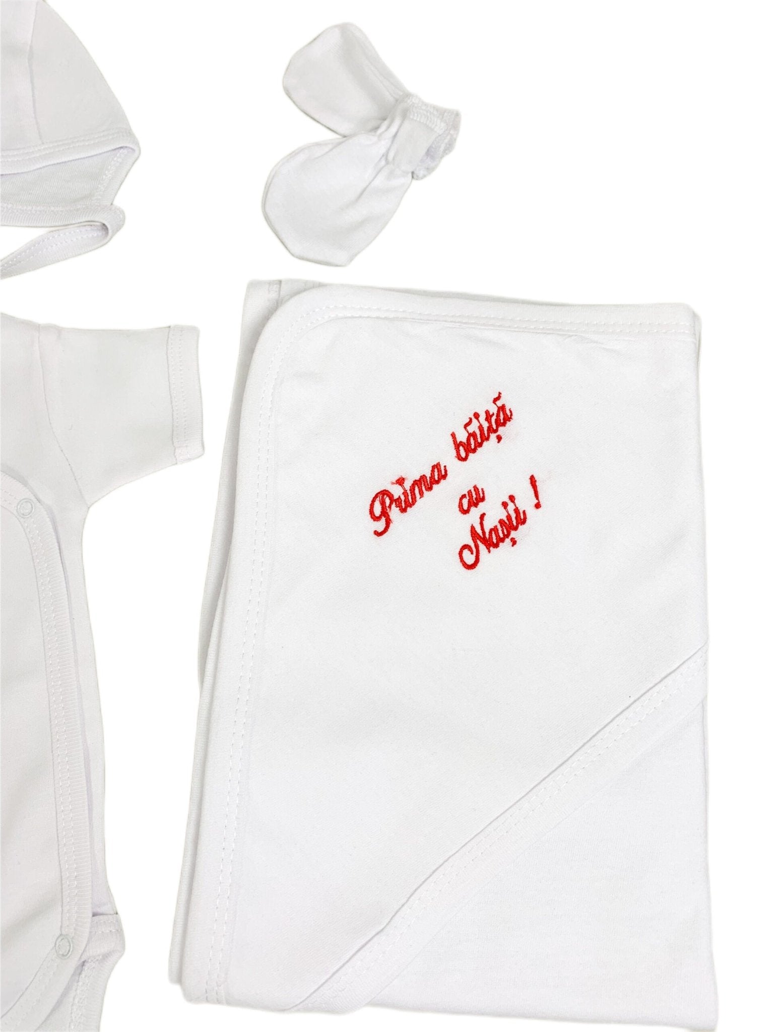 Set de baie pentru bebelusi cu 5 piese,personalizat cu mesaj - “Prima baita cu nașii” - Minnie Mouse, rosu - Botez bebelusi