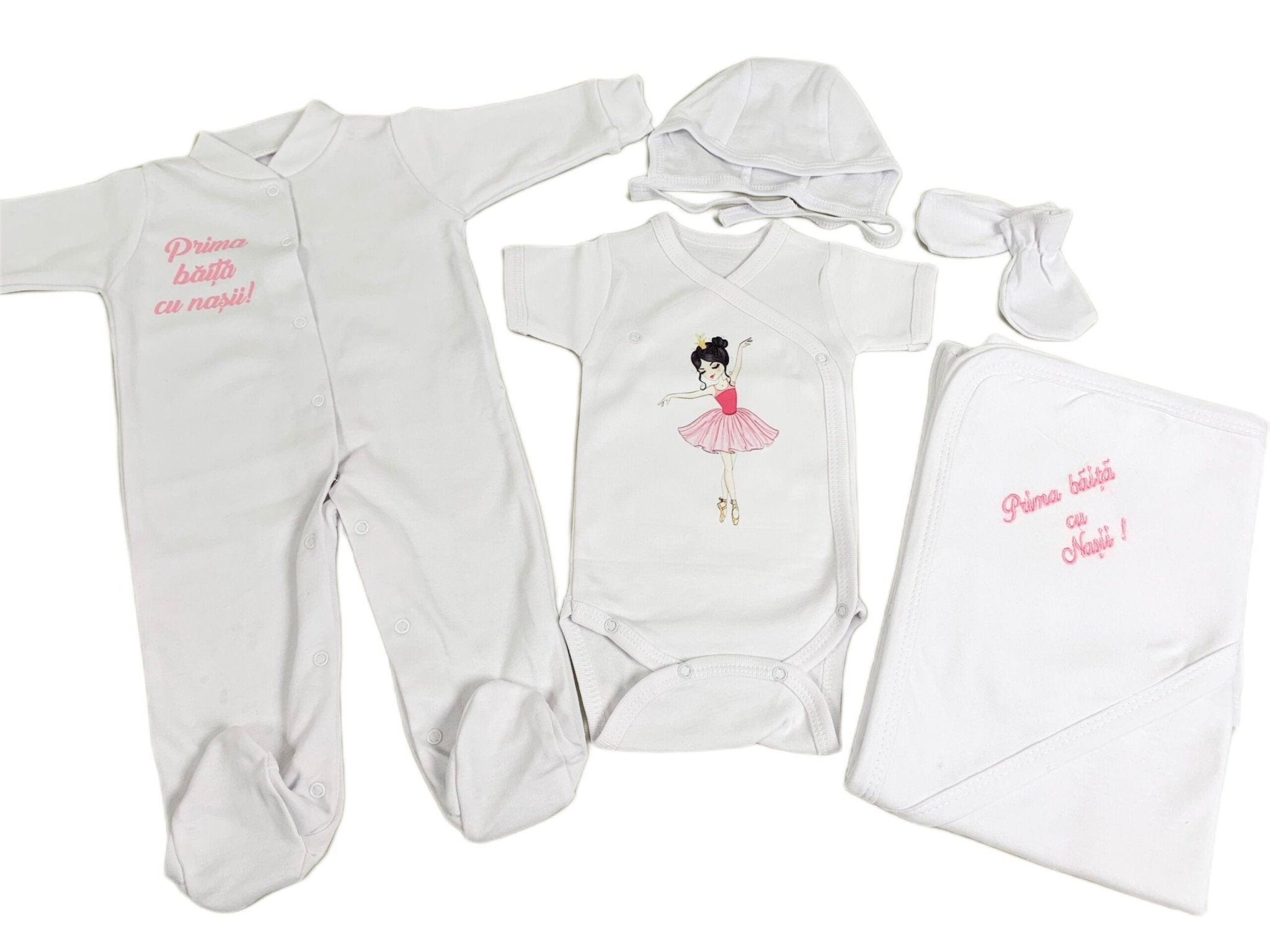 Set de baie pentru bebelusi ,personalizat cu mesaj“Prima baita cu nașii” - Balerina roz - Botez bebelusi