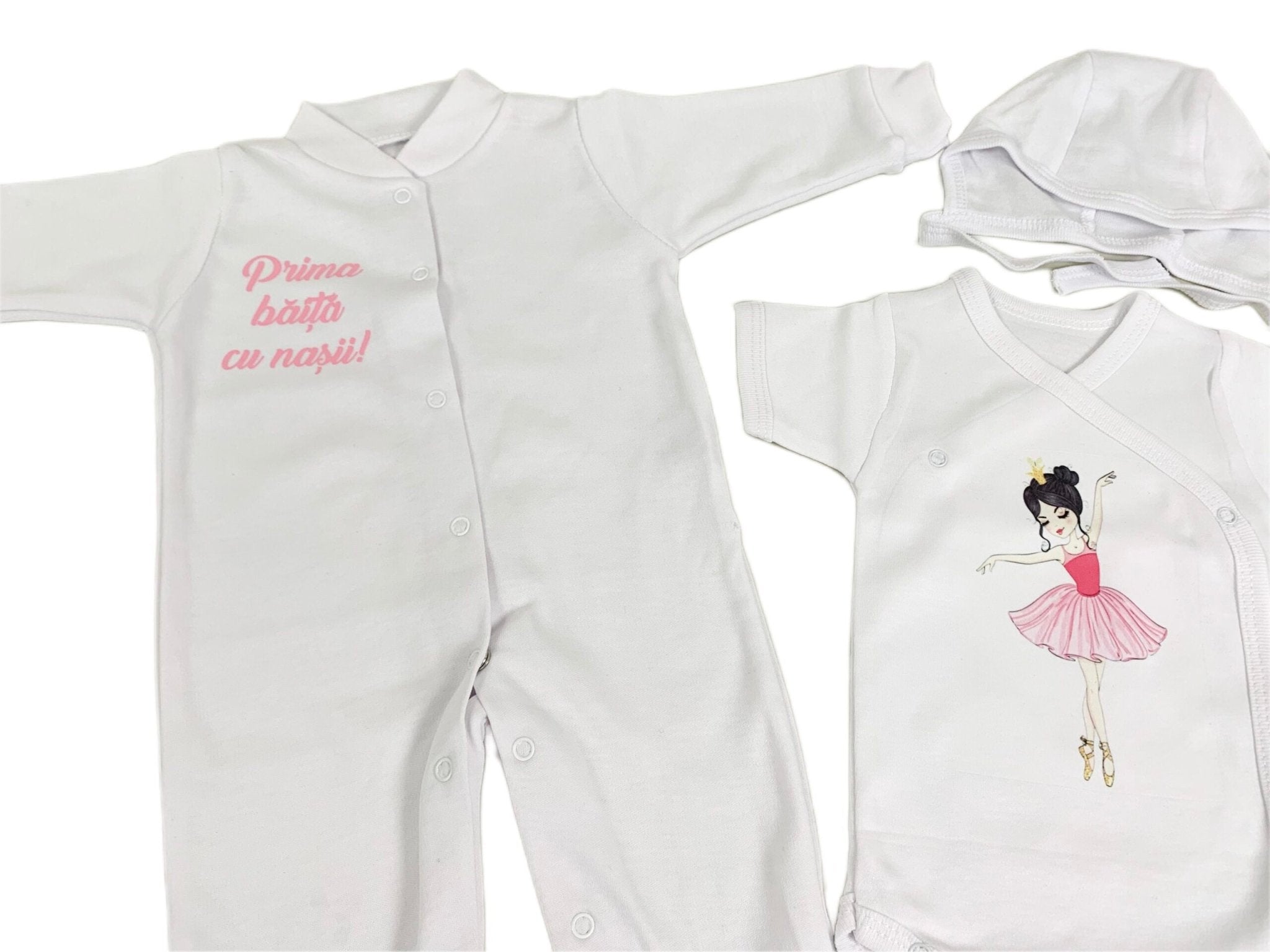 Set de baie pentru bebelusi ,personalizat cu mesaj“Prima baita cu nașii” - Balerina roz - Botez bebelusi