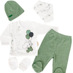 Set Hainute 5 Piese Bebelusi - Bluzita Alba, Pantalonasi Verzi si Accesorii - Botez bebelusi