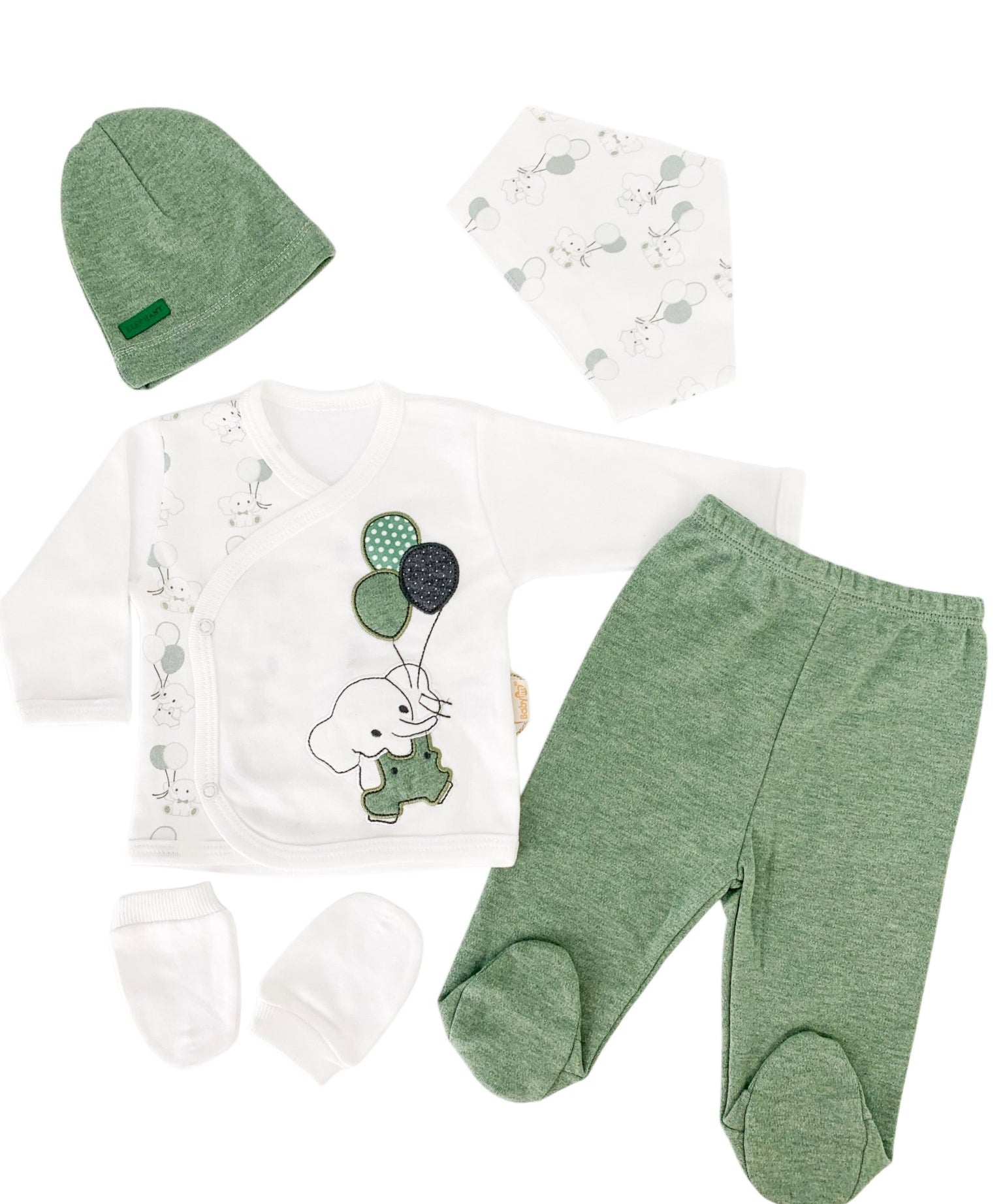 Set Hainute 5 Piese Bebelusi - Bluzita Alba, Pantalonasi Verzi si Accesorii - Botez bebelusi