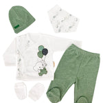 Set Hainute 5 Piese Bebelusi - Bluzita Alba, Pantalonasi Verzi si Accesorii - Botez bebelusi