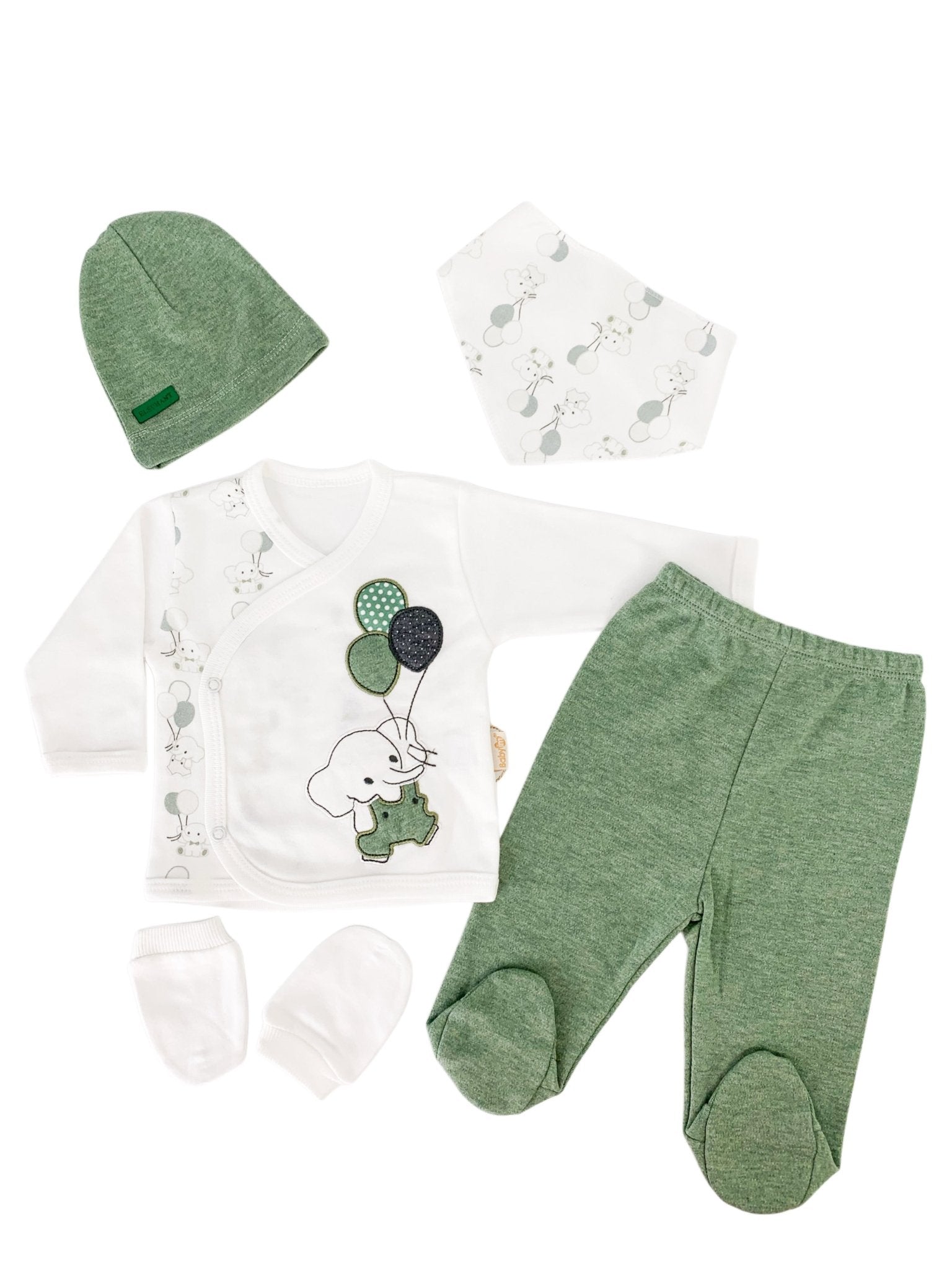Set Hainute 5 Piese Bebelusi - Bluzita Alba, Pantalonasi Verzi si Accesorii - Botez bebelusi