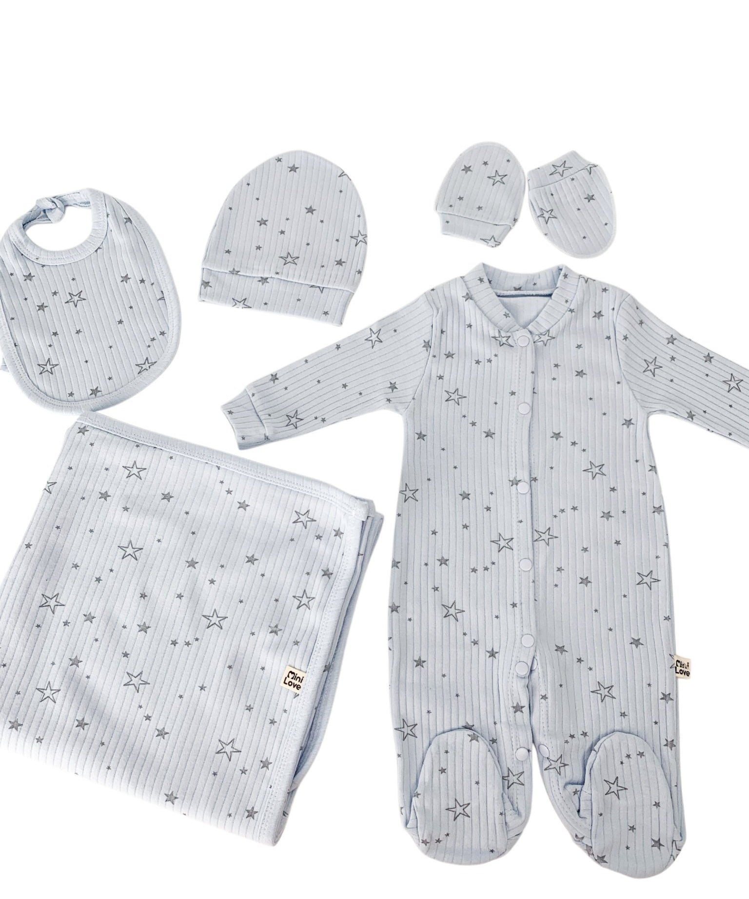 Set Hainute 5 Piese Bebelusi - Salopeta Albastra, Paturica si Accesorii - Botez bebelusi
