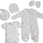 Set Hainute 5 Piese Bebelusi - Salopeta Gri cu Stelute si Accesorii - Botez bebelusi
