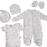 Set Hainute 5 Piese Bebelusi - Salopeta Gri cu Stelute si Accesorii - Botez bebelusi