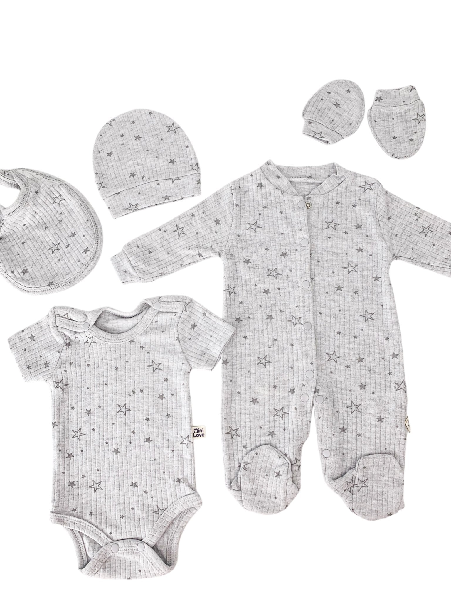 Set Hainute 5 Piese Bebelusi - Salopeta Gri cu Stelute si Accesorii - Botez bebelusi