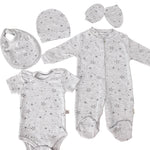 Set Hainute 5 Piese Bebelusi - Salopeta Gri cu Stelute si Accesorii - Botez bebelusi