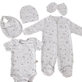 Set Hainute 5 Piese Bebelusi - Salopeta Gri cu Stelute si Accesorii - Botez bebelusi