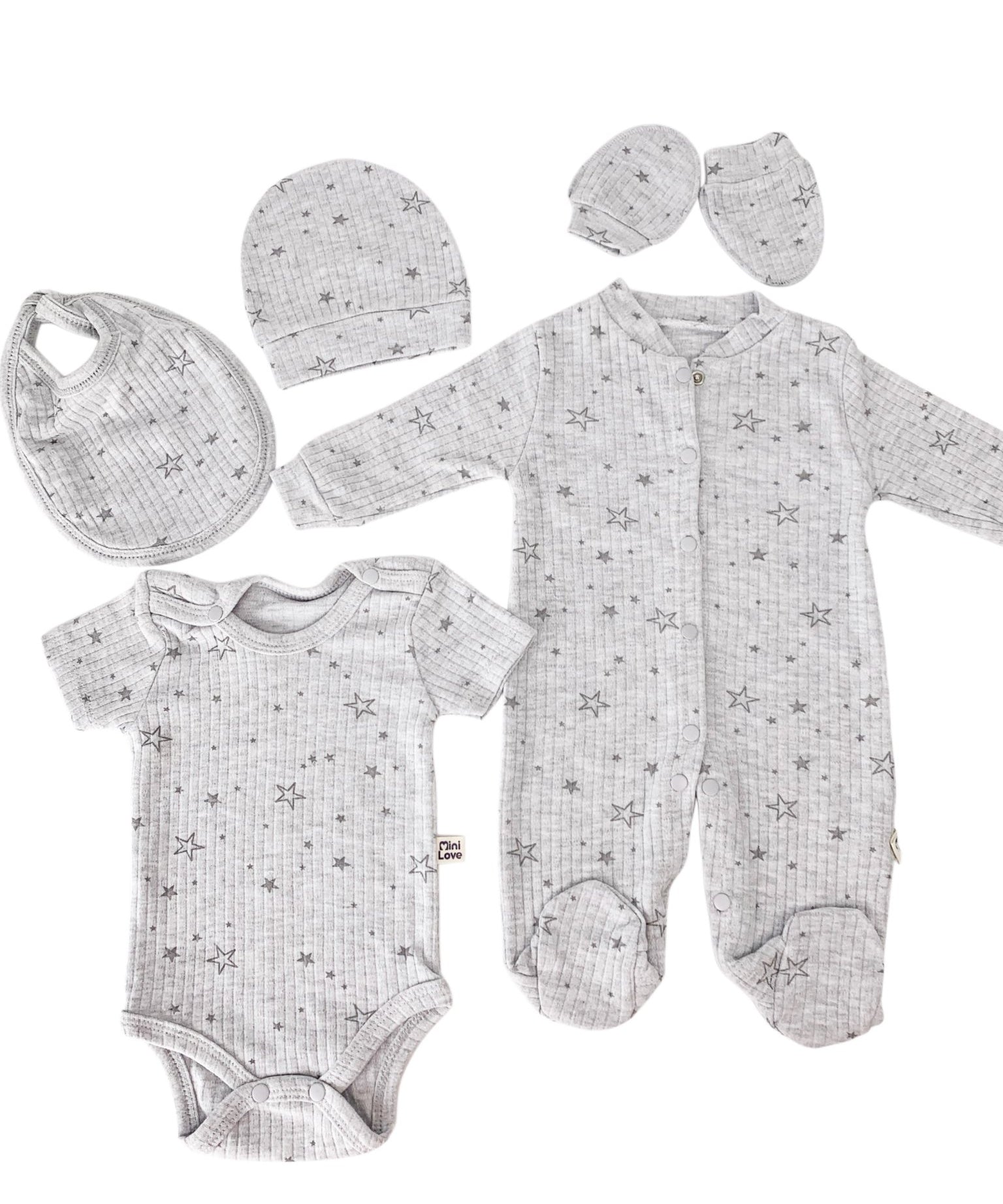 Set Hainute 5 Piese Bebelusi - Salopeta Gri cu Stelute si Accesorii - Botez bebelusi