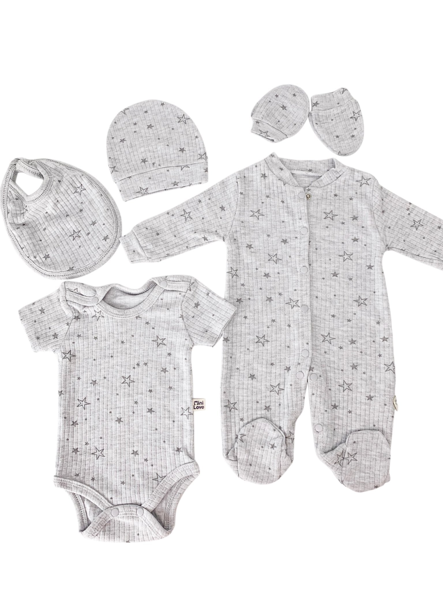 Set Hainute 5 Piese Bebelusi - Salopeta Gri cu Stelute si Accesorii - Botez bebelusi
