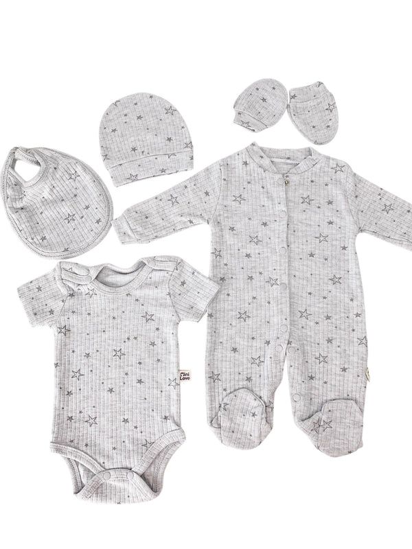 Set Hainute 5 Piese Bebelusi - Salopeta Gri cu Stelute si Accesorii - Botez bebelusi