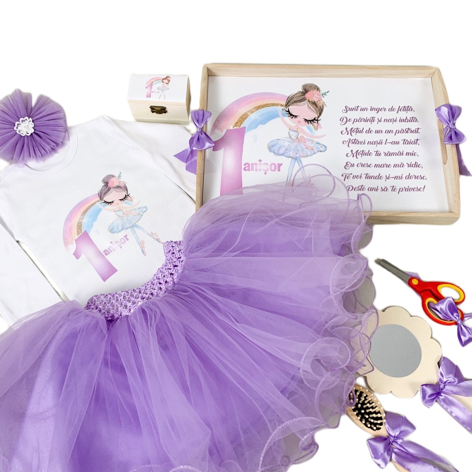 Set lila personalizat aniversare 1 an - Balerina - Botez bebelusi