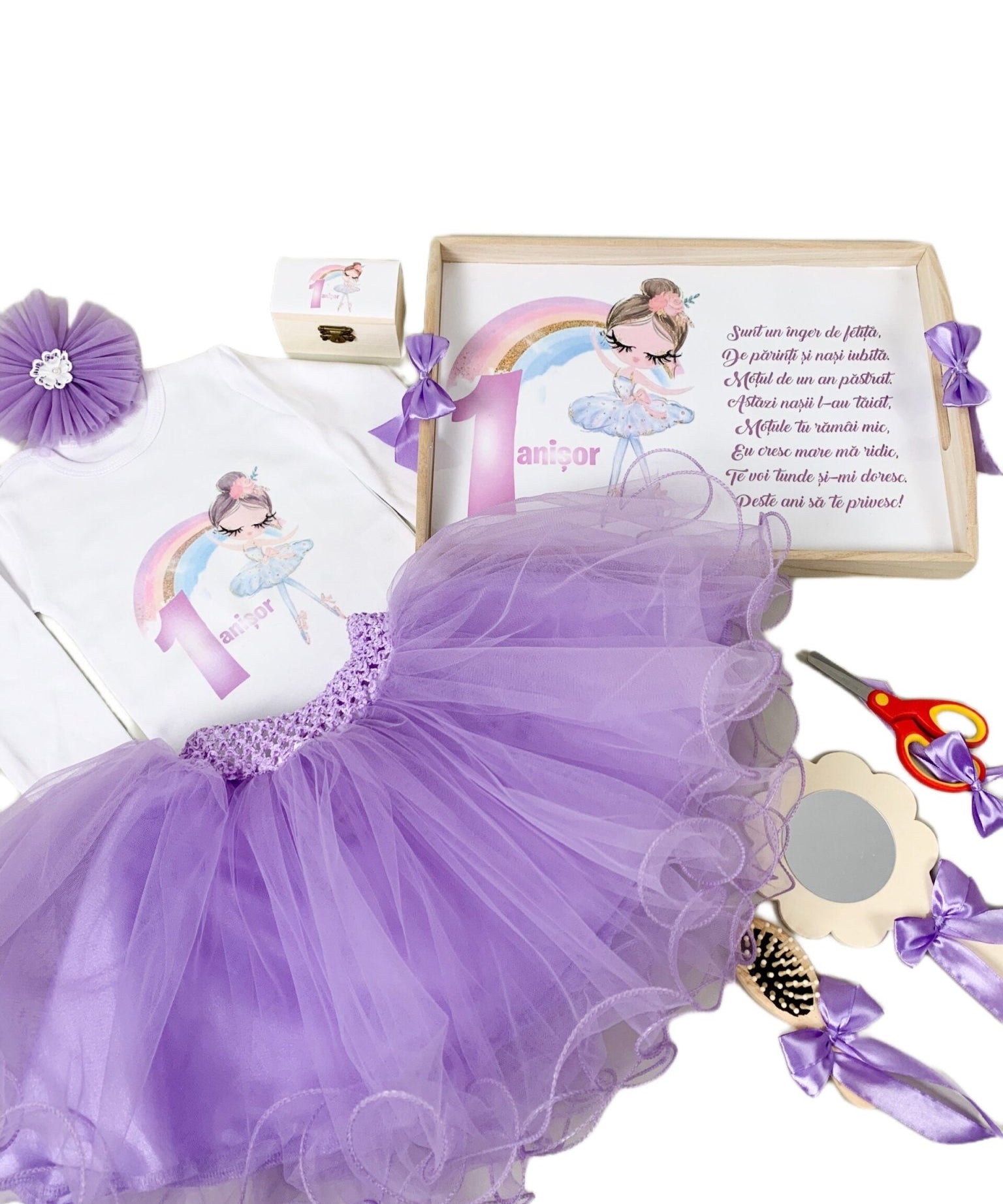 Set lila personalizat aniversare 1 an - Balerina - Botez bebelusi