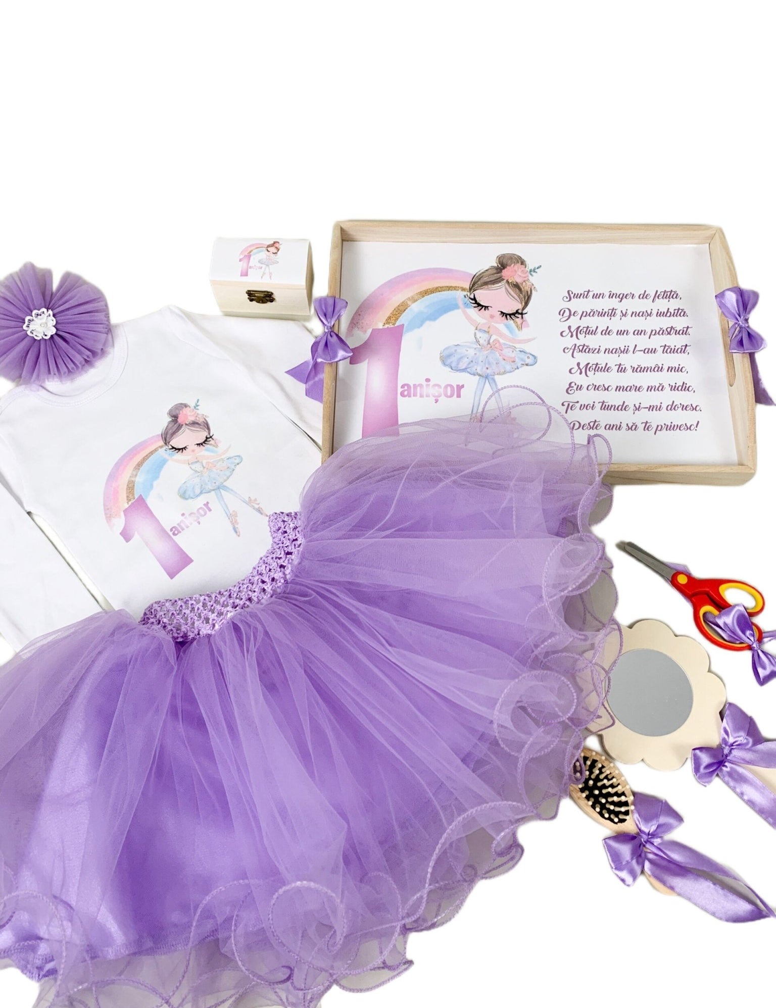 Set lila personalizat aniversare 1 an - Balerina - Botez bebelusi