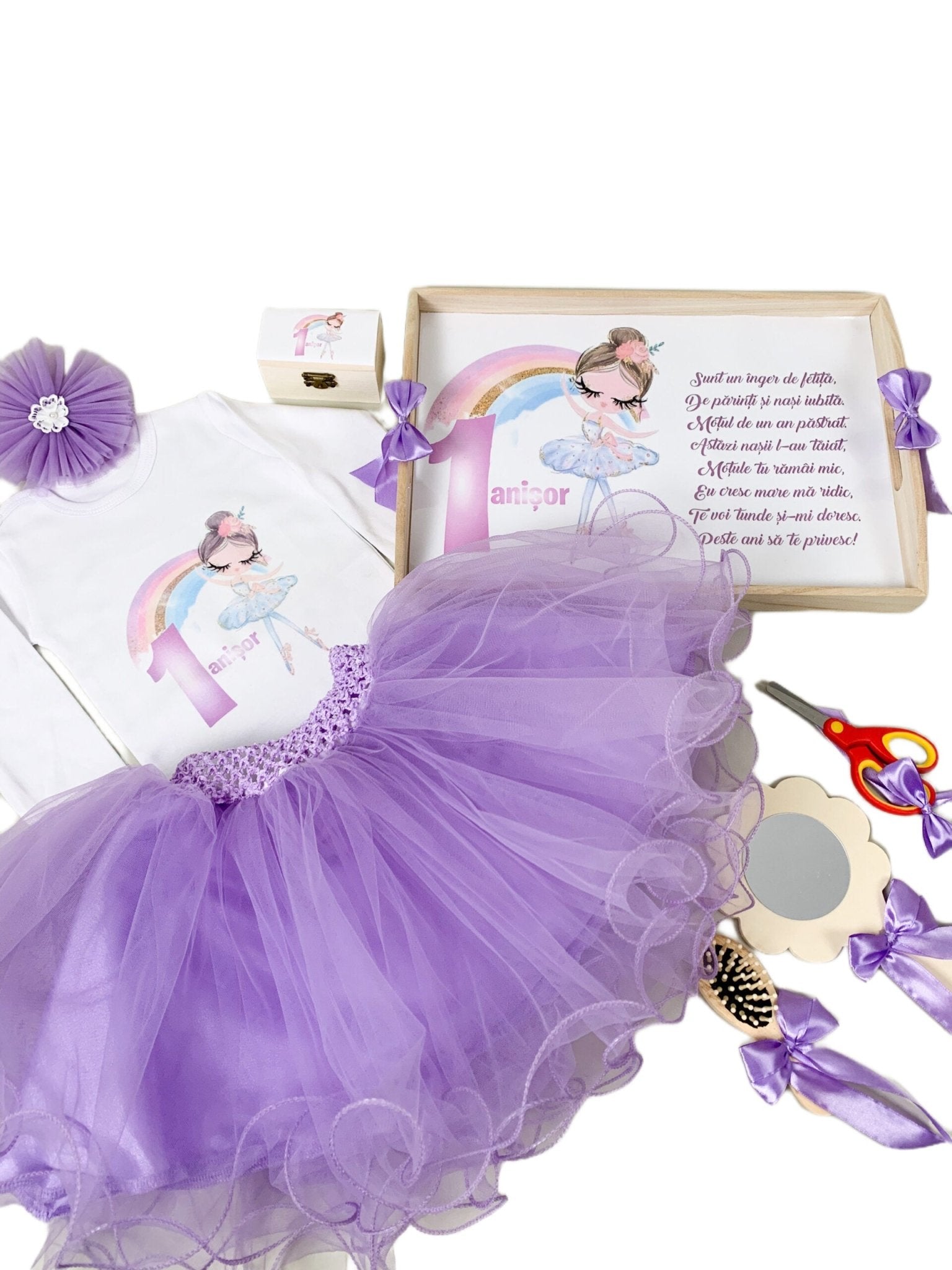 Set lila personalizat aniversare 1 an - Balerina - Botez bebelusi