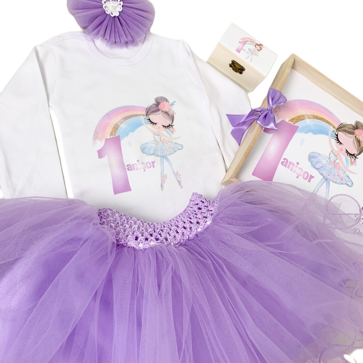 Set lila personalizat aniversare 1 an - Balerina - Botez bebelusi