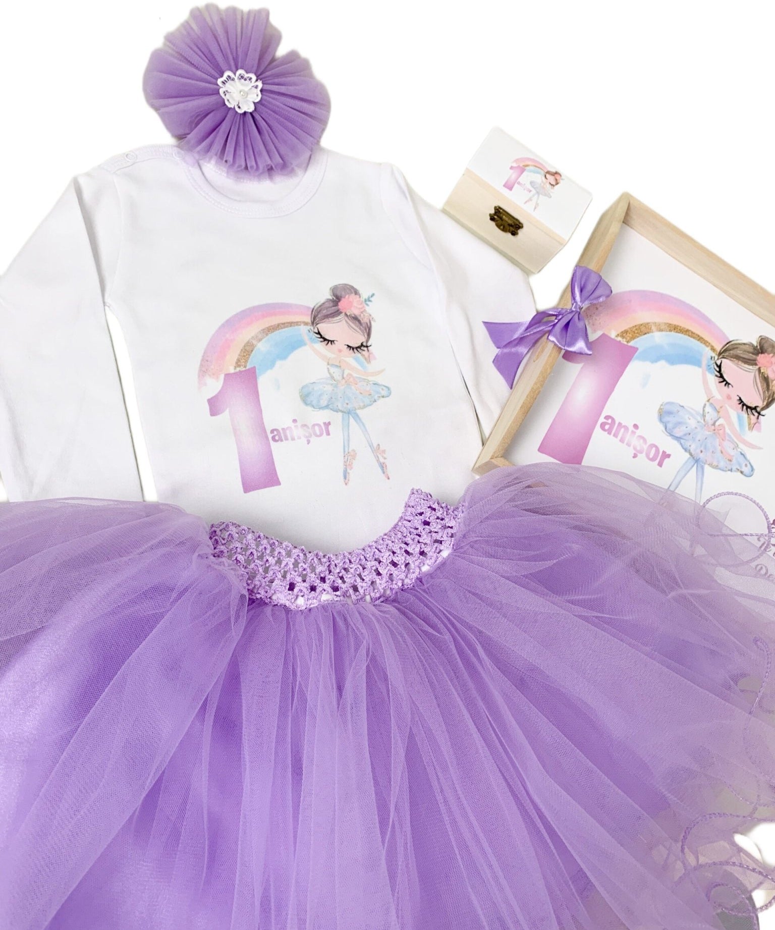 Set lila personalizat aniversare 1 an - Balerina - Botez bebelusi