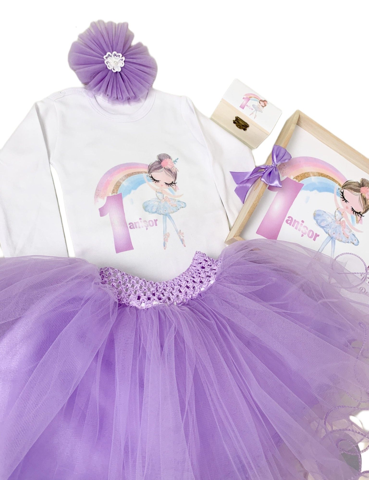 Set lila personalizat aniversare 1 an - Balerina - Botez bebelusi