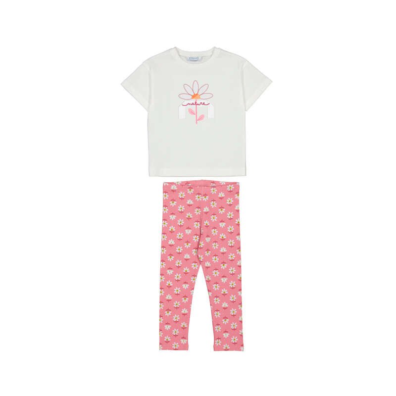 Set Mayoral 2 Piese - Tricou Alb cu Floare si Colanti Roz Imprimati pentru Copii - Botez bebelusi
