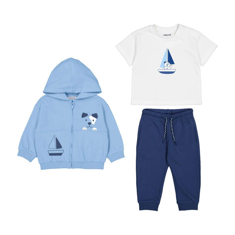 Set Mayoral 3 Piese - Hanorac cu Gluga, Tricou si Pantaloni Trening Albastru - Botez bebelusi