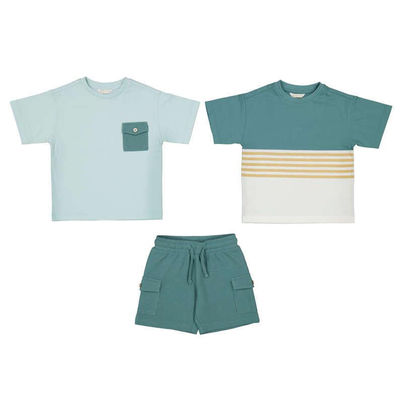 Set Practic Mayoral 3 Piese - Doua Tricouri si Pantaloni Scurti Cargo Vernil - Botez bebelusi