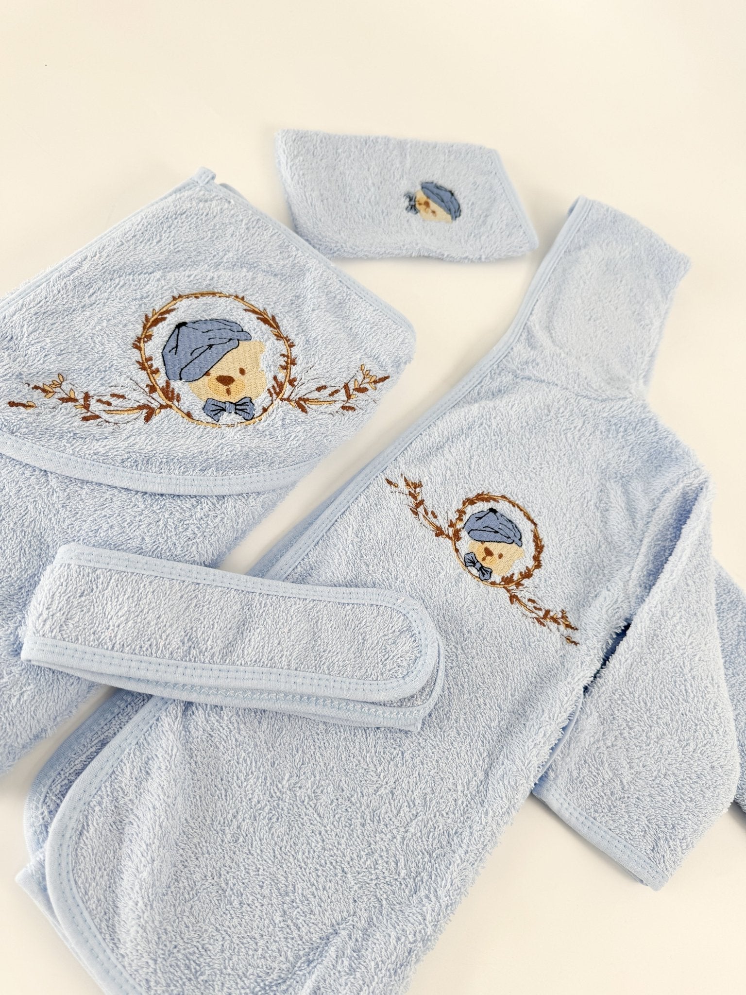 Set pufos baie baiat - albastru cu ursulet - Botez bebelusi