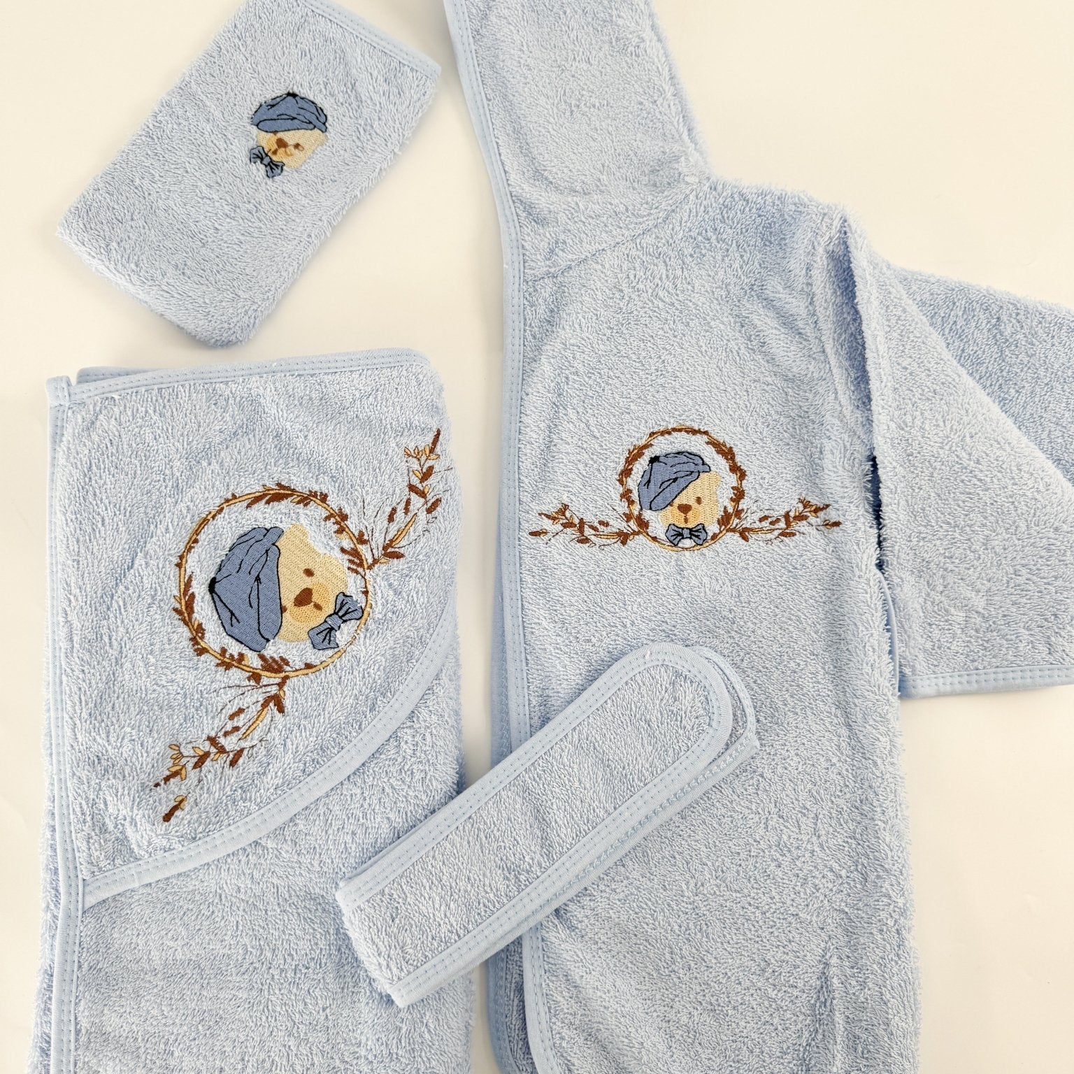 Set pufos baie baiat - albastru cu ursulet - Botez bebelusi