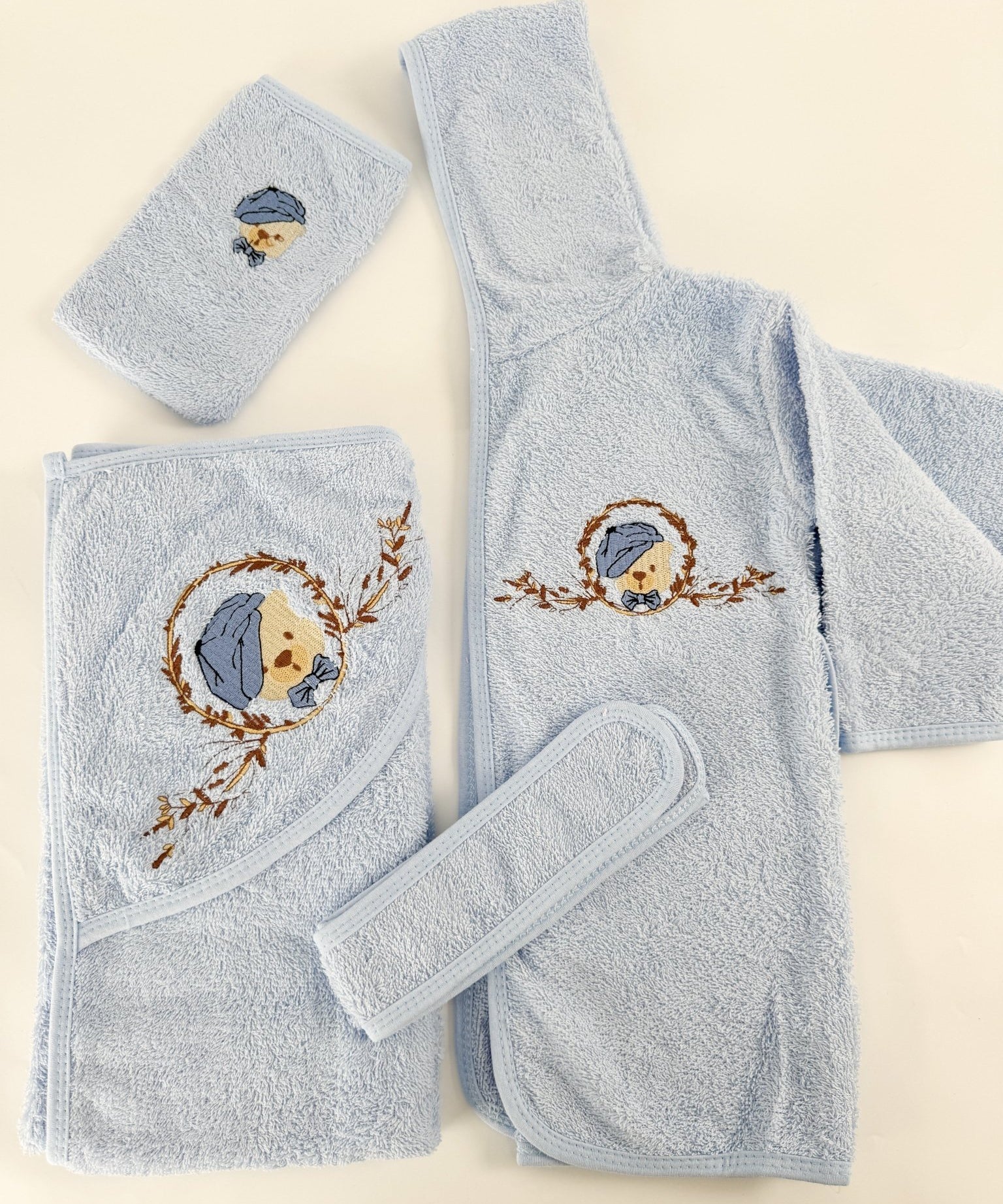 Set pufos baie baiat - albastru cu ursulet - Botez bebelusi
