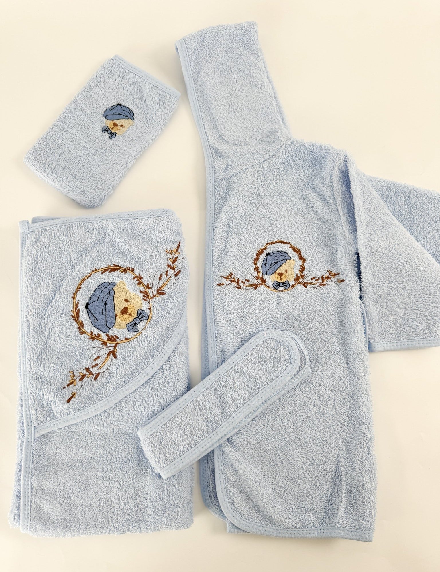 Set pufos baie baiat - albastru cu ursulet - Botez bebelusi