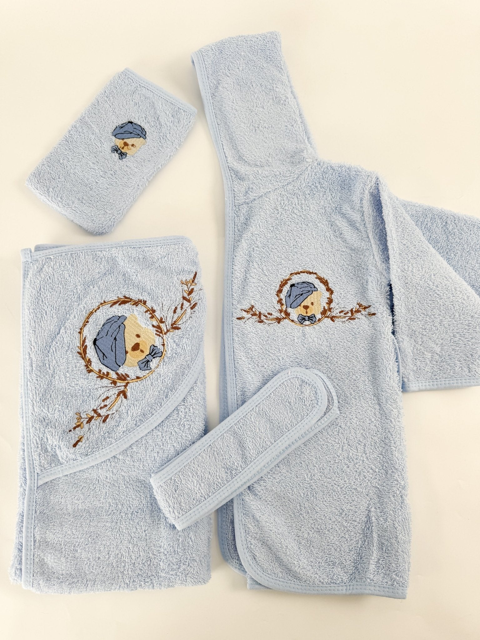 Set pufos baie baiat - albastru cu ursulet - Botez bebelusi