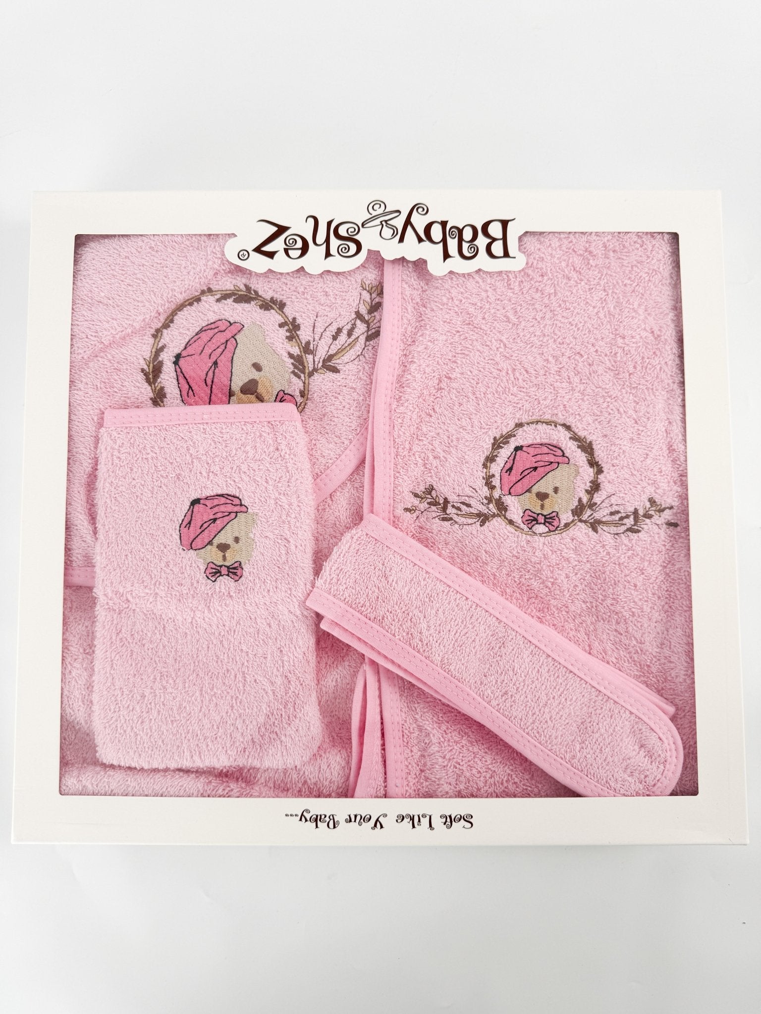 Set pufos baie fetita - roz cu ursulet - Botez bebelusi