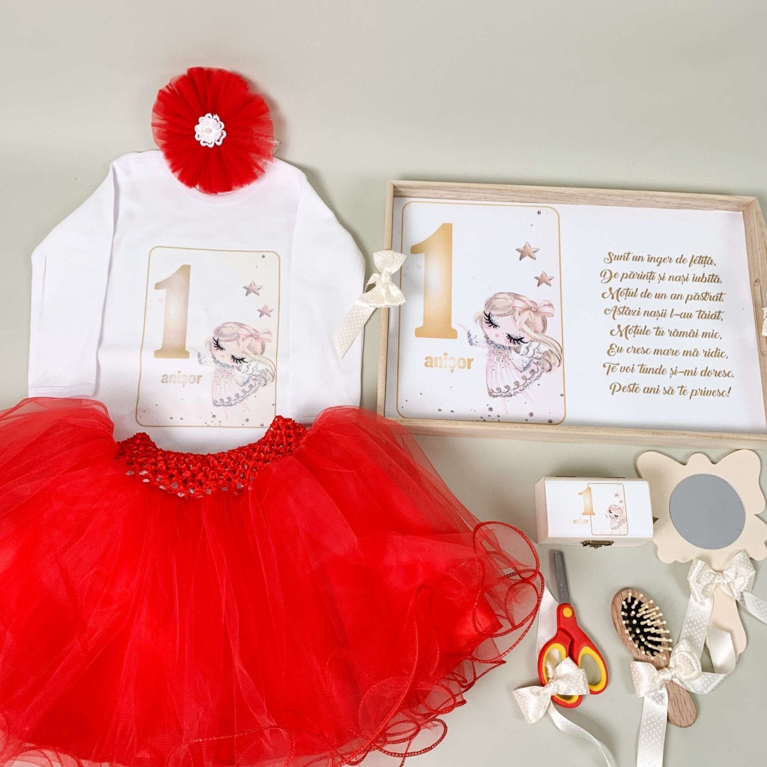 Set rosu personalizat aniversare 1 an - Ingeras - Botez bebelusi