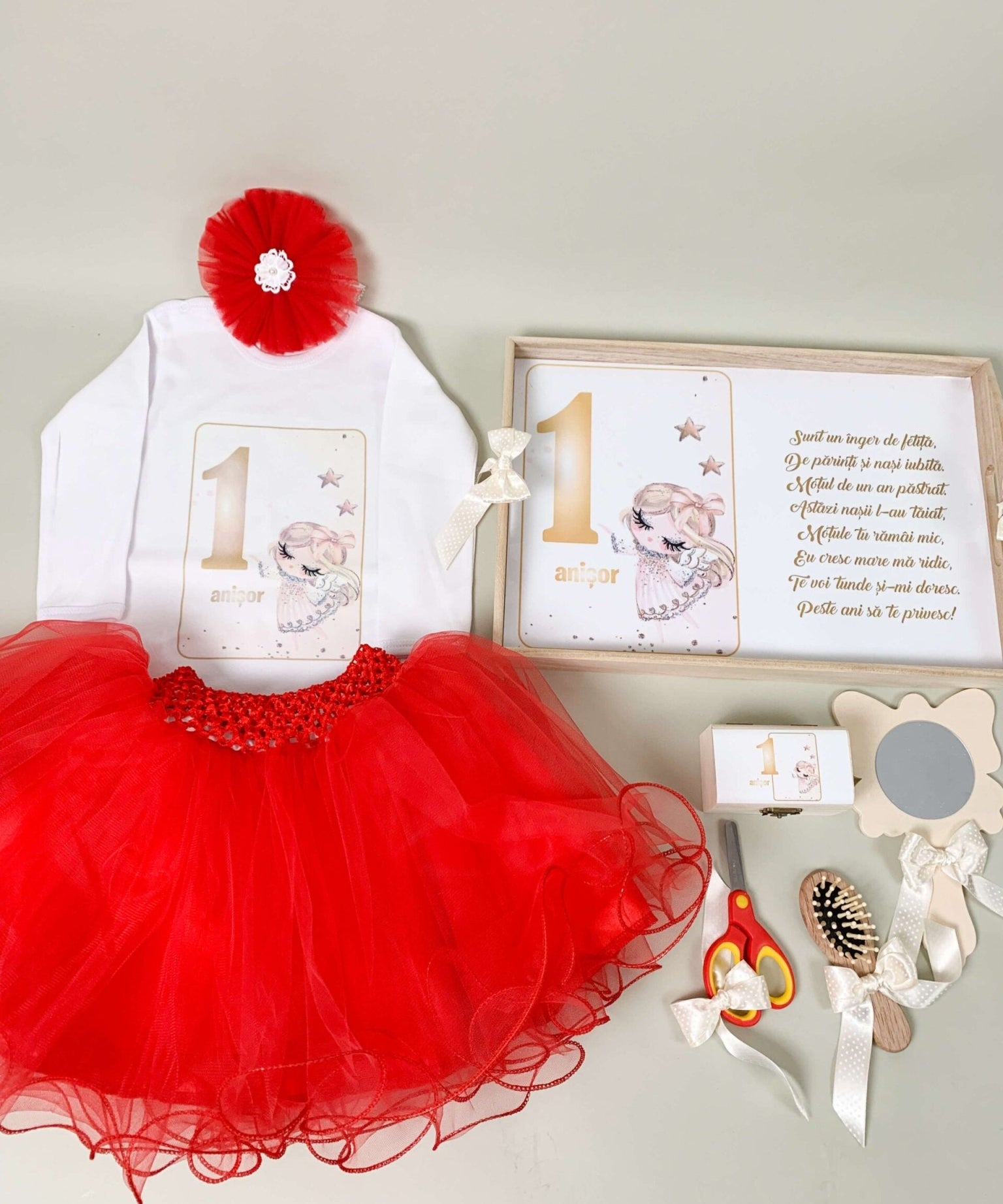 Set rosu personalizat aniversare 1 an - Ingeras - Botez bebelusi